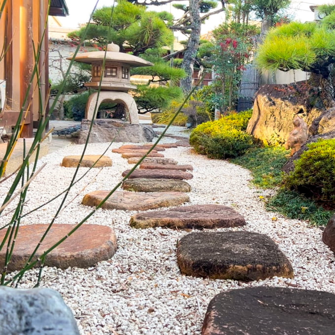 松が植えられ、飛び石が置かれているクリニック内の和風の中庭